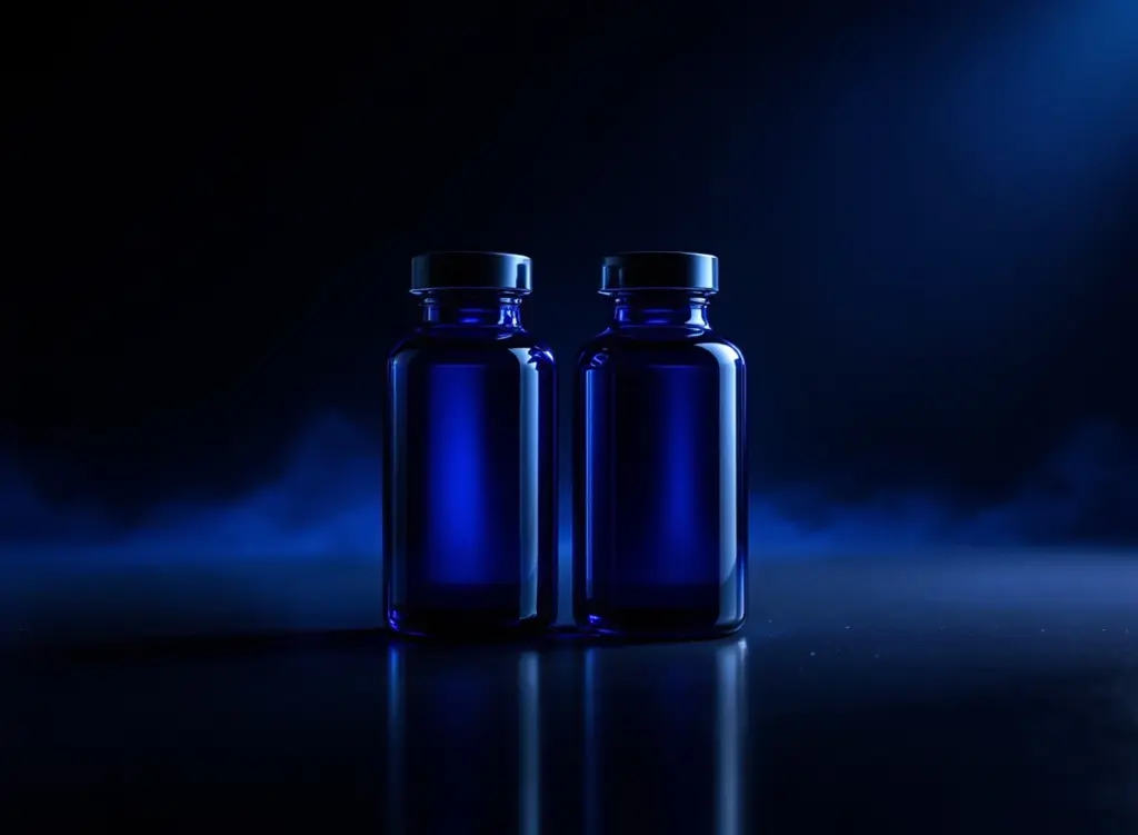 Two dark pharmaceutical vials under blue studio lighting